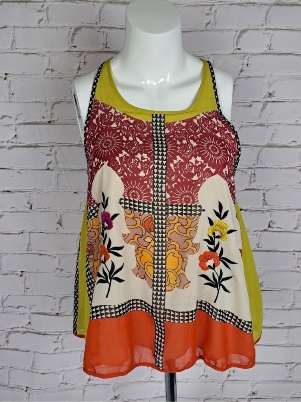 Anthropologie Vineet Bahl Floral Embroidered Patchwork Sleeveless Flowy Tank L